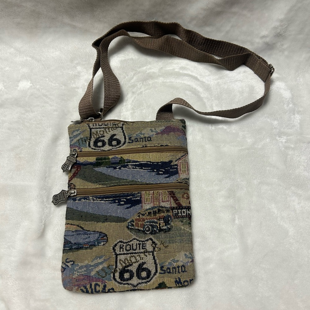Route 66 brown Roadtrip Tapestry Bag Crossbody Shoulder Strap Retro Zip Close